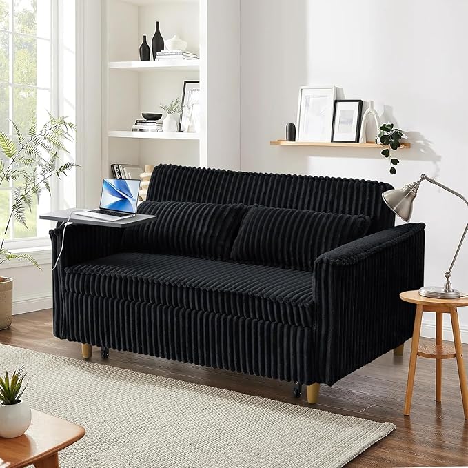 54'' Corduroy 3-in-1 Convertible Sofa Bed Pull Out Sleeper Loveseat Couch with USB Ports &amp Storage Pockets Futon Couches for Small Space Living Room Apartment (Black New)