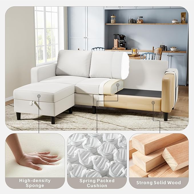 Sectional Sofa Couches for Living Room - Beige 3 Seat L-Shaped Couch with Storage Ottoman Comfy Linen Convertible Sectionals Sofas with Chaise for Apartment Office Small Space