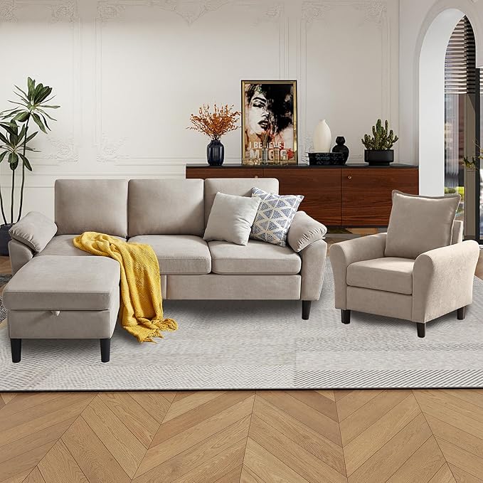 79 Convertible Sectional Sofa Set Modern Linen Small L Shaped Couch with Reversible Ottoman and Accent Chair 3-Seat Sofa Couches for Living Room Office Apartment Beige
