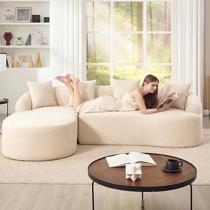 98.8 Curved Sectional Sofa with ChaiseL-Shape Sofa Lounge ChaiseBoneless Couch L Shape for Living RoomWood Grain Chenille FabricNo Installation Requirement