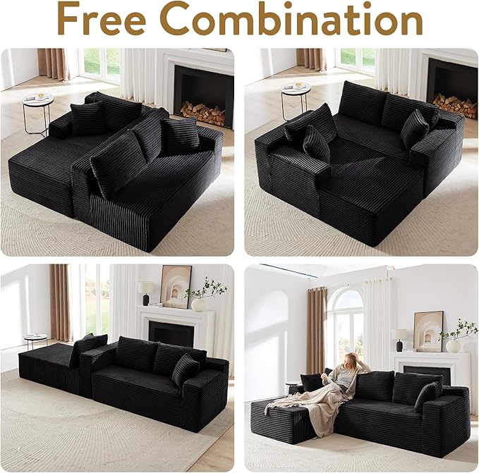 Cloud Sectional Couch with L-Shape Chaise 105 Modern Minimalist Modular Sectional Sofa Fluffy Corduroy Upholstered Couches for Living Room No Assembly Required (Black Left Facing Chaise)