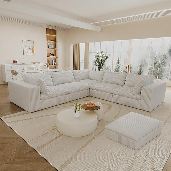 118.2 Modern V Shaped Corner Sofa Comfy Modular Sectional Cloud Couch with Plush Corduroy Fabric Deep Seat Upholstered Sofa Boneless Couches for Living Room No Assembly (White + Ottoman)