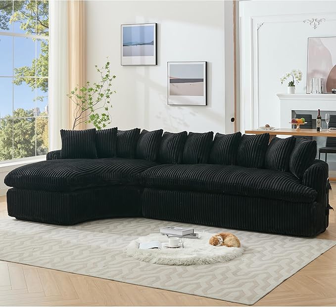 WILLIAMSPACE 127 Oversize Curved Sectional Sofa Foam Couch for Living Room Modern Upholstered Floor Foam Sofa L-Shape Curved Couch 5 Seater Sofas with 10 Cushions Corduroy Left-Facing Black