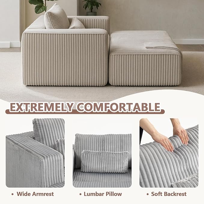 51” Oversized Boneless Chair with Ottoman Big Comfy Accent Chairs with Ottoman for Living Room Cloud Chaise Lounge Chair Indoor Plush Pillows|Corduroy (Light Grey)