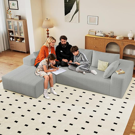 96 Cloud Sectional Couch with L-Shape Chaise Modern Corduroy Boneless Couch for Living RoomMemory Foam Sofa with Deep SeatNo Assembly Required (GreyLeft-Facing Chaise)