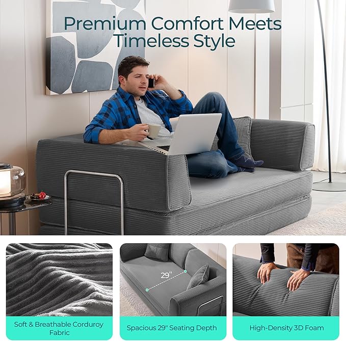 LINSY HOME Sofa Bed Couch - Convertible Boneless Couch Bed with 2 Pillow (Grey) | Folding Sofa Bed Corduroy Material No Assembly Compressed Sofa Couch in a Box