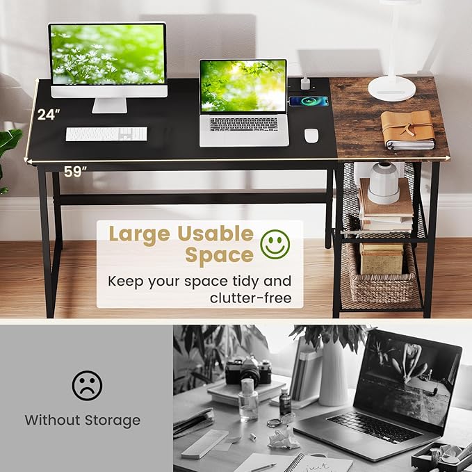 GOFLAME 59” Computer Desk Modern Simple Study Writing Desk with Built-in Power Outlet Removable Shelf &amp Side Headphone Hook Home Office Laptop PC Desk Gaming Table Workstation (Black)