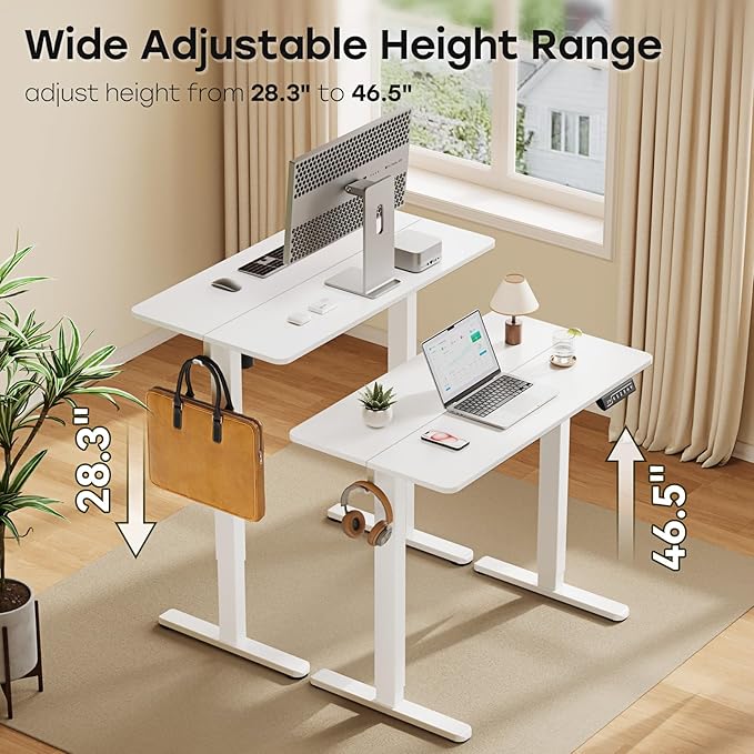 Small Standing Desk 40 ×20 Electric White Standing Table Height Adjustable Compact Sit Stand Desk with Splice Board Home Office Table with 2 Hooks