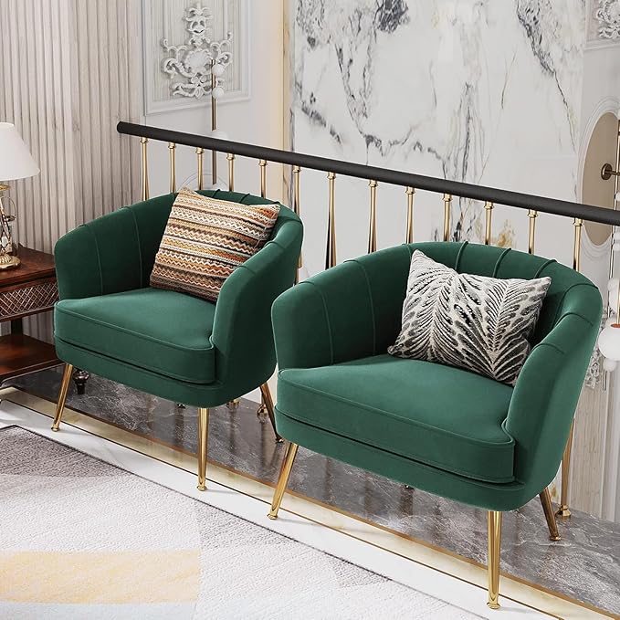 Andeworld Velvet Accent Chair Set of 2 Upholstered Modern Single Sofa Side ChairComfy Barrel Club Living Room Armchair with Golden Metal Legs for Bedroom Living Reading Room Office Green