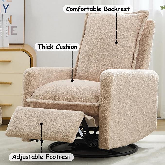 Glider Recliner Nursery Chair with Comfy Cushion Rocker Swivel Recliner Chairs for Small Spaces Swivel Rocking Recliner Chairs for Adults Lazy Boy Recliner Chair for BedroomBoucle(Oatmeal)