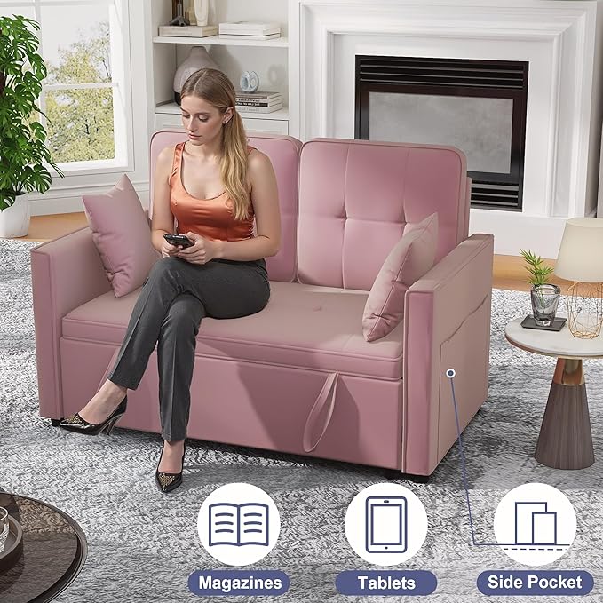 Loveseat Sleeper Sofa Bed Couch: Queen Sleeper Chair Pull Out Bed for Living Room Pink Velvet Couch Beds for Small Spaces 3 in 1 Convertible Sofa with Armrests