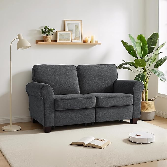 MCombo 67.7 Loveseat Sofa 2-Seater Small Couch for Small Spaces Classic Rolled Arm Upholstered Sofa with Solid Wood Legs for Living Room Removable Cover Chenille Fabric VE730 (Dark Grey)