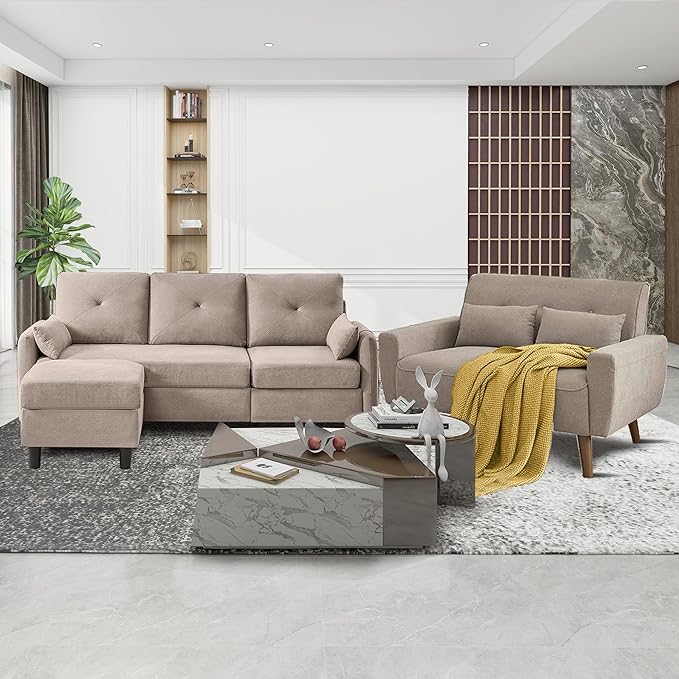 2 Piece Sofa Set Convertible L Shaped Couch with Reversible ChaiseModern 3 Seater Sofa and Loveseat Sectional Couch for Living Room Apartment Beige