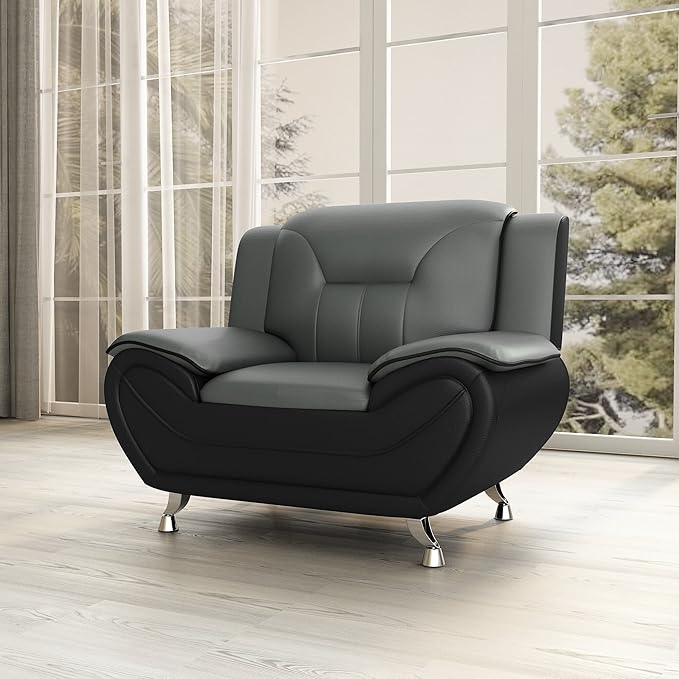 Container Furniture Modern Style Living Room Chair with Top Grade Faux Leather Upholstery and Extra Comfortable Pillow Top Armrests 47.3’’ Wide Grey &amp Black