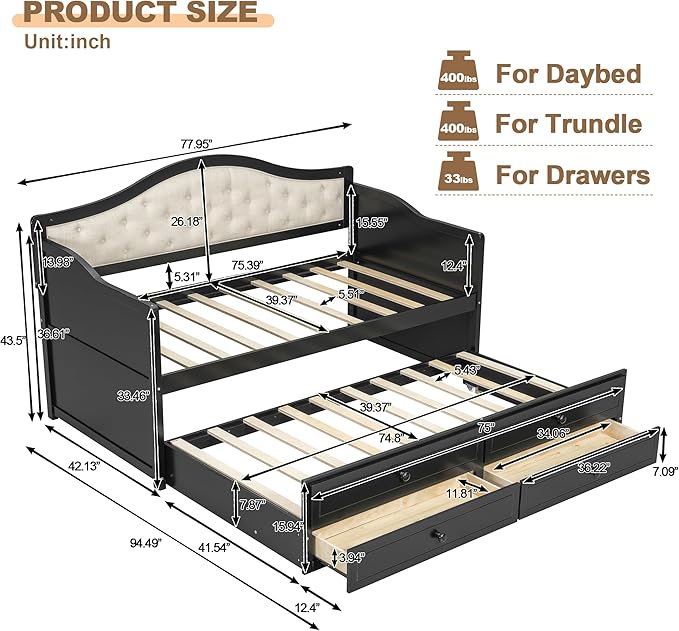 Twin Daybed with Trundle Twin Size Daybed with 2 Storage Drawers Wooden Sofa Bed with Upholstered Button Tufted Backrest for Living Room Bedroom Guest RoomBlack