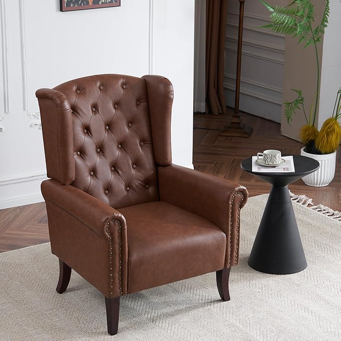 MOJAY Mid-Century PU Leather Accent Chair Living Room Lounge Sofa Chair with Buttons Single Club Armchair with Rivet Trim for Bedroom Home Reception (Brown)