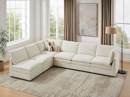 VANOMi 127 Modular Sectional Cloud Sofa Couches V Shape Convertible Sleeper Sofa with Thick Cushion for Apartment Upholstered Comfy Living Room Sofa Set Ivory White