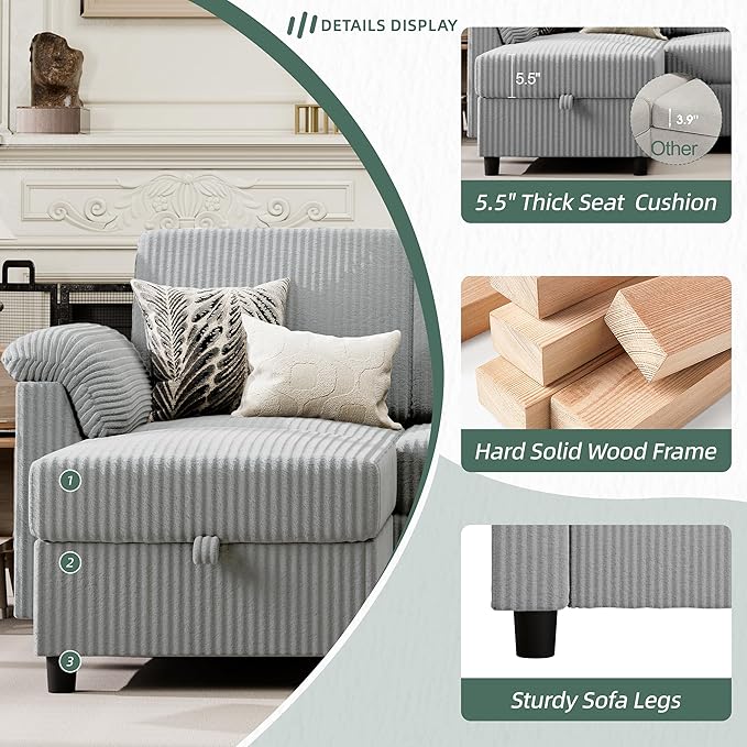 Vongrasig 79 Convertible Sectional Couch Sofa with Storage Ottoman 3 Seat L Shaped Couch with Side Storage Pockage Small Couches for Living Room Apartment and Small Space (Light Grey)