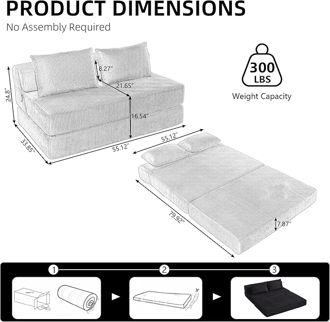 GNIXUU Fold Out Couch 3-in-1 Convertible Futon Sofa Bed with 2 Pillows Corduroy Foldable Floor Chair Boneless Loveseat Couches for Living Room Bedroom Small Spaces Black