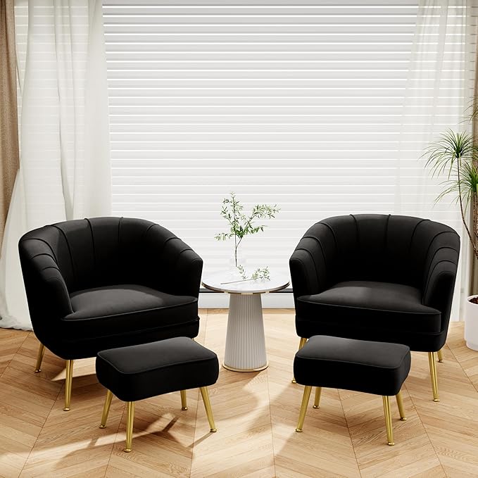 Velvet Accent Chairs with Ottoman for Living Room Bedroom Office Leisure Upholstered Single Sofa Chair Arm Chair Comfy Chair Reading Club Coffee Chair with Metal Legs Black
