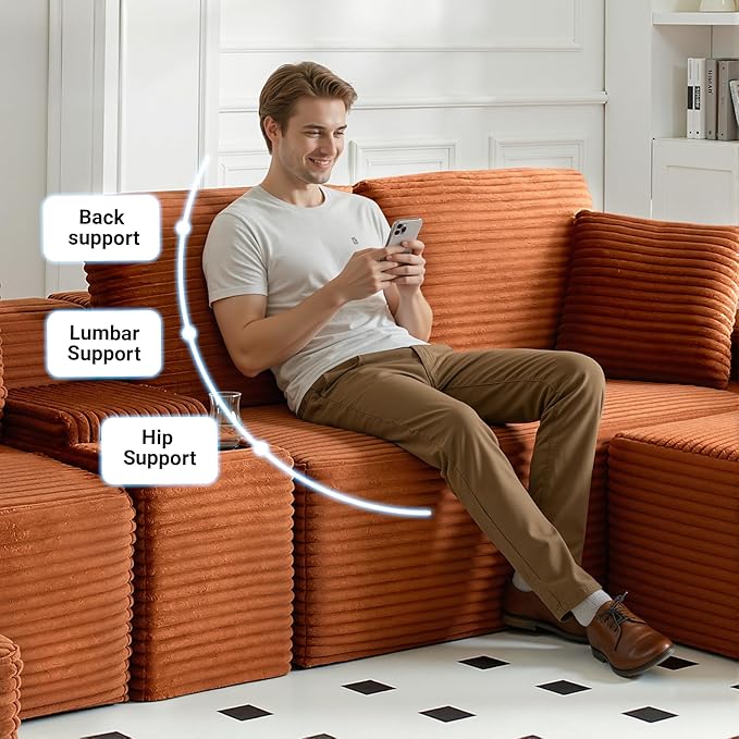 111 Inch Modular Sectional Sofa Couch Oversized Modern Cloud Couch for Living Room L Shape Couches with Ottomans USB Ports and Cup Holders Orange Corduroy Boneless Sofas Sofa in a Box