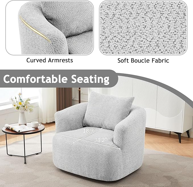 38.2 Swivel Accent Chair Boucle Green Upholstered Armchair Comfy Single Cloud Sofa Chair with Ergonomic Armrests &amp Throw Pillow for Nursery Living Room &amp Offices (Light Grey)
