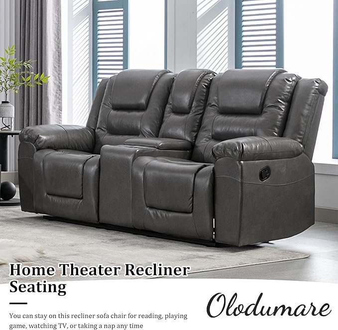 Leather Reclining Sofa SetHome Theater Seating with Center Console Storage Cup Holders 2 Seater for Living RoomOfficeHome TheaterRV. Loveseat(Grey)