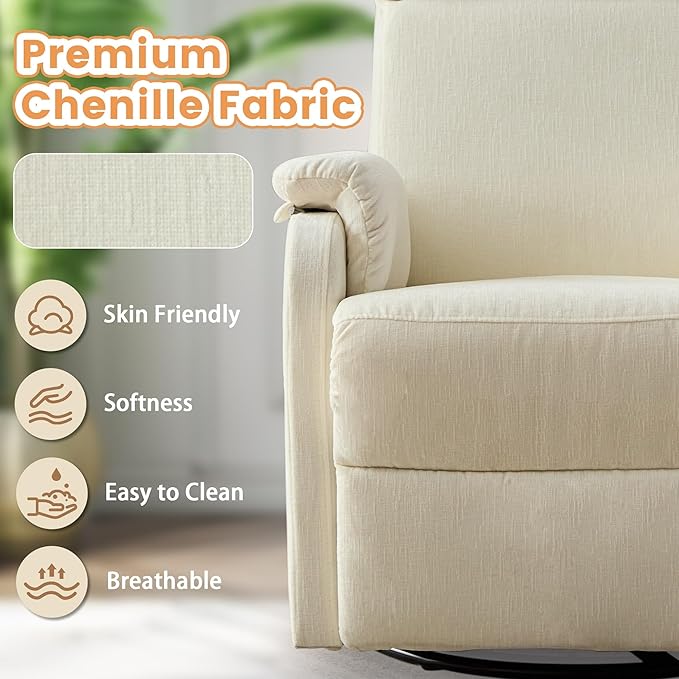 Swivel Rocking Recliner with Massage Small Glider Chair for Nursery Modern-Designed Armrests Chair for Adults Living Room Chenille Beige