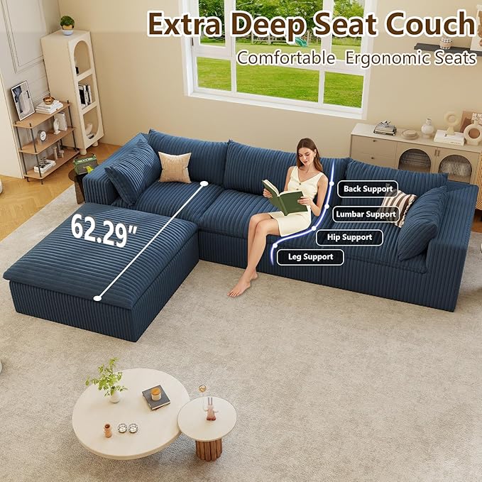 Modular Sectional Sofa Corduroy Plush L Shape Cloud Couch Modern Deep Seat Boneless Couches for Living Room Large Compression Sofas Luxury Fluffy Couchs Sectionals Blue