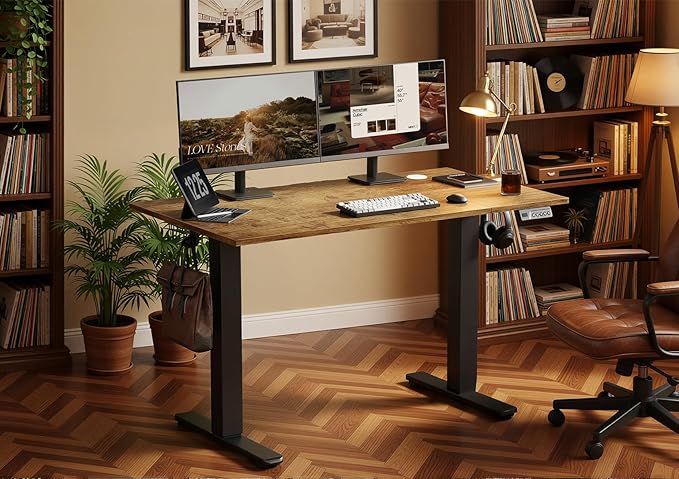 Seang Electric Height Adjustable Standing Desk 48 x 24 Inch Sit-Stand Desk with Stable T-Shaped Frame 3 Memory Buttons &amp Cable Organization for Home Office Workstation Black Frame/Rustic Brown