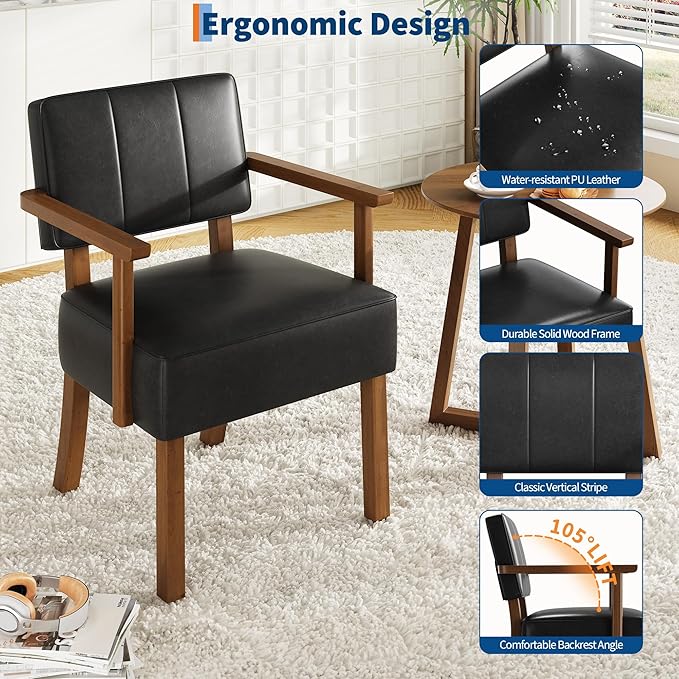 Garvee Mid-Century Accent Chair Set of 2 with Wood Frame PU Leather Upholstered Lounge Arm Chair with Classic Vertical Stripe Reading Leisure Chair for Living Room Bedroom Balcony Black