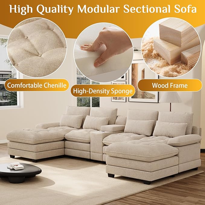 134 Oversized Brown Sectional Couches for Living Room with Glitter Fabric Fluffy Couch with Chaise Lounge&ampTufted Buttons U Shaped Sofa Set Chenille 6 Seater Couch with 2 Ottoman &amp Storage
