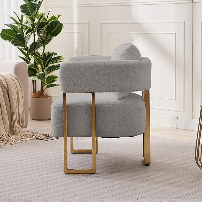 YITAI Modern Accent Chairs no Wheels Living Room Side Chairs Set of 2 with Golden Metal Legs Barrel Soft Teddyt Upholstered Reading Armchairs for OfficeReception RoomBedroomLoungeGrey