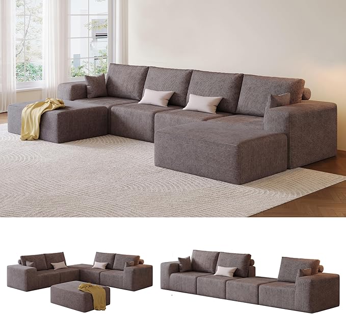 138 Modular Sectional Sofa with Ottoman - U Shaped Oversized Deep Seat Cloud Boneless Couch for Living Room Corduroy Fabric No Assembly Required (Brown 2 Ottoman)