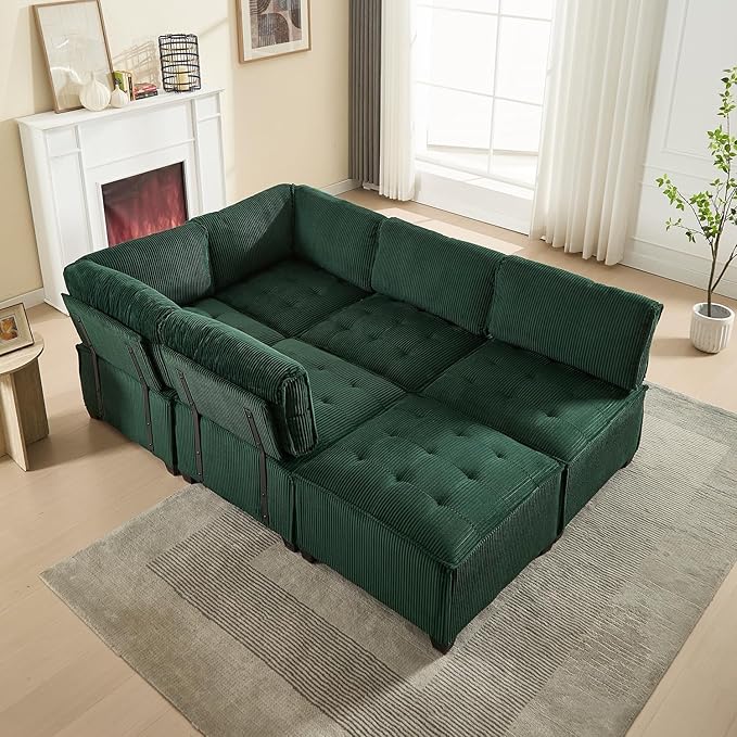 121 Inch Cloud Oversized Modular Sectional Sofa U Shaped Modular Couch with Reversible Chaise Comfy 6 Seat Convertible Sectional Sofa with Ottoman for Living Room-Emerald Green