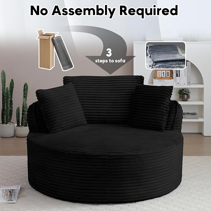Oversized Round Chair Lounge Chaise Indoor 53.5 Corduroy Boneless Round Chair Fluffy Single Deep Seat Cloud Sofa Chairs Modern Circle Chaise Lounge for Bedroom Living Room Black