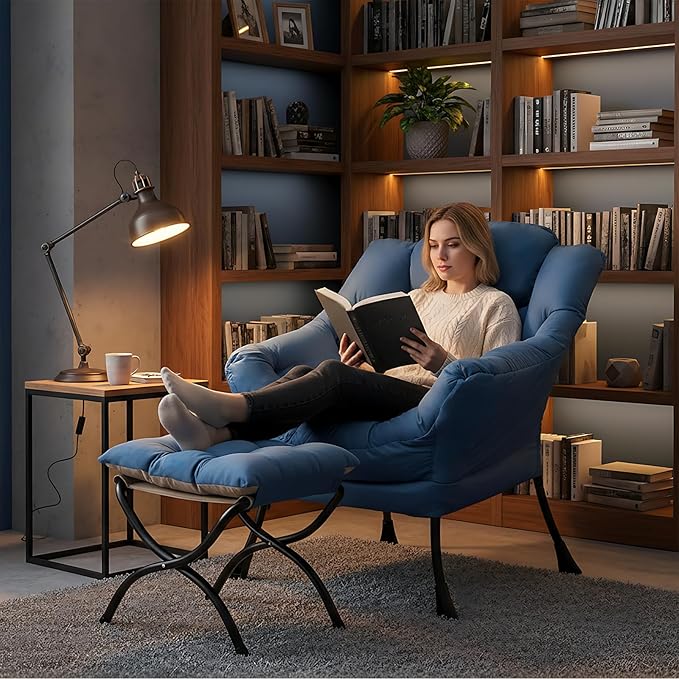Lazy Chair with Ottoman Modern Lounge Chair with Lumbar Pillow Accent Cozy Reading Armchair and Folding Footstool for Bedroom Dorm Living RoomPeacock Blue