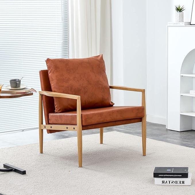 PU Leather Accent Arm Chair Mid Century Modern Upholstered Armchair with Imitation Solid Wood Color Metal Frame Extra-Thick Padded Backrest and Seat Cushion Sofa Chairs for Living Room