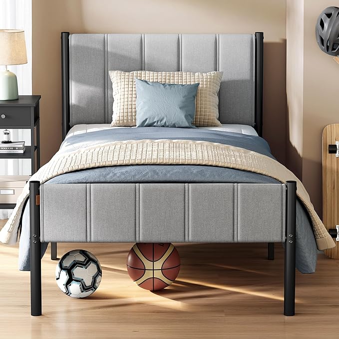 VASAGLE Twin Bed Frame with Upholstered Headboard Metal Bed Frame Twin Size with Footboard 550 lb Weight Capacity Steel Slats Easy Assembly No Box Spring Needed Dove Gray URMB983G01V1