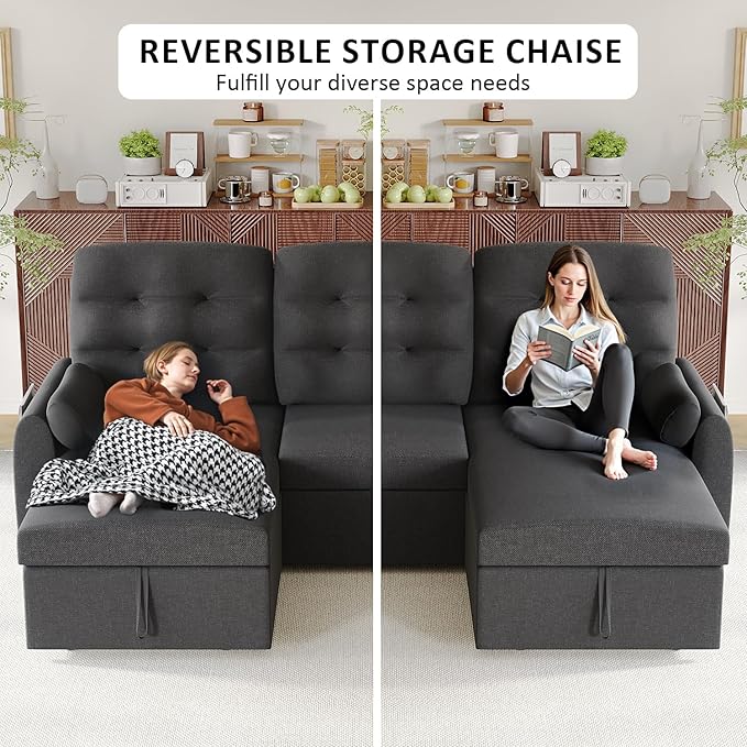 Ucloveria Sleeper Sofa Bed 86 Convertible Sectional Sofa Couches for Living Room Pull Out Couch Bed with Reversible Storage Chaise | USB Ports | Side Pockets | Removable Backrest