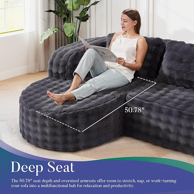 Hobestluk 96 Cloud Sectional Couch Modern Boneless Couch 3 Seater with Oversized Chaise L Shaped Modular Sofa Couches for Living Room Apartment No Assembly Required (Bubble Grey Left Facing Chaise)