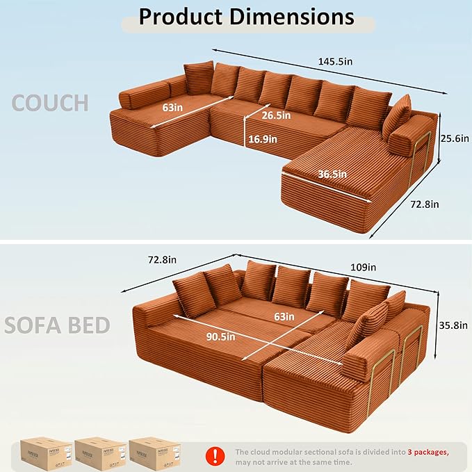 145 Cloud Couch Sectional Modular Sofa with Fixed-Shape Frame and Deep Seat Corduroy U Shaped Boneless Sofas Couch in a Box No Assembly Required Irange Couches for Living Room