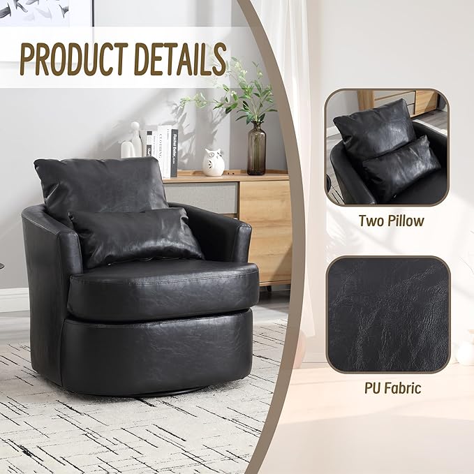 Swivel Barrel Chair Comfy Round Accent Sofa Chair for Living Room 360 Degree Swivel Barrel Club Chair Leisure Arm Chair for Nursery Hotel Bedroom Office Lounge (Black PU)