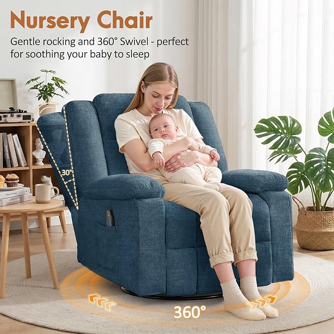 Rocker Recliner Chair for Adults 360° Swivel Rocker Recliner with Massage and Heating Nursery Rocking Chairs with Side Pockets Manual Reclining Chair for Living Room Bedroom or Nursery