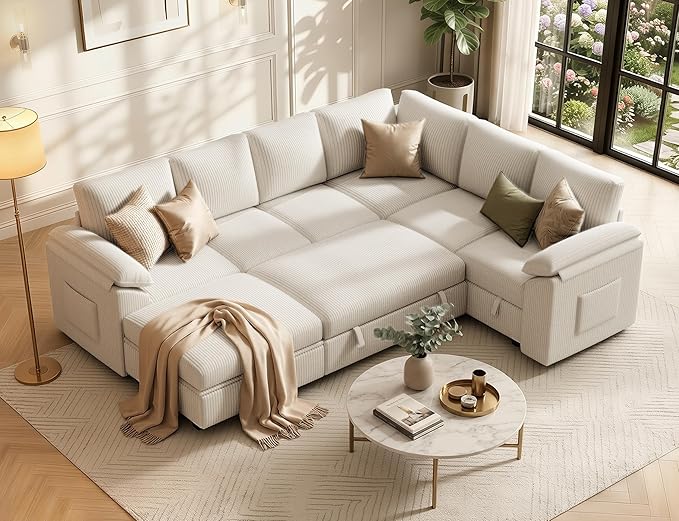 108 Inch Sectional Sleeper Sofa Bed with Pull Out Couch U Shaped 7 Seat Cloud Modular Sectional Sofa with Storage Corduroy Sectional Couches for Living Room Removable Sofa Cover Beige