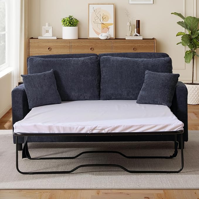 Full Size Pull Out Sofa Bed 3 in 1 Chenille Convertible Loveseat Sleeper Sofa Bed with Memory Form Mattress Pull Out Couch with Square Arms &amp Plillows for Living Room Bedroom Small Space(Grey)