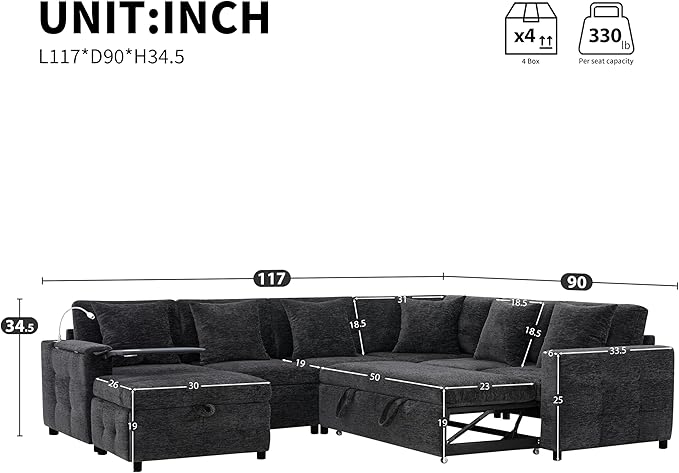 117 * 90'' Modular Sectional Pull-Out Sofa Bed with Flip-up Table Panel Reading Lamp Charging Ports Storage Ottoman 6 Pillows Chenille Oversize &amp Free Combination Couch (Black-10.5)