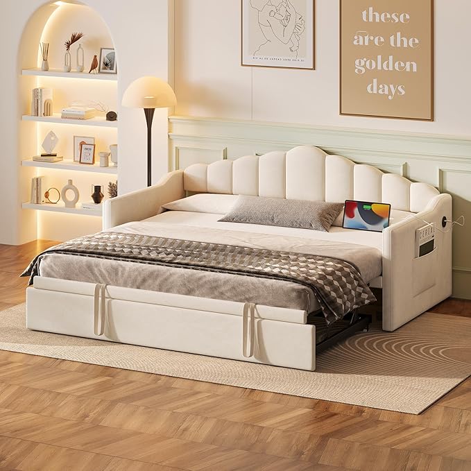Bellemave Upholstered Twin Daybed with Pop Up Trundle USB &amp Type-C Charging Ports 2 Side Pockets No Box Spring Needed Velvet Modern Day Bed Frame (Beige)