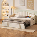 Bellemave Upholstered Twin Daybed with Pop Up Trundle USB &amp Type-C Charging Ports 2 Side Pockets No Box Spring Needed Velvet Modern Day Bed Frame (Beige)