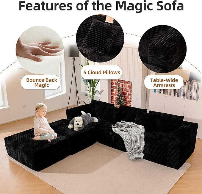 110 Modular Sectional Boneless Sofa with 2 Ottomans Corduroy U-Shaped Modular Sectional Sofa Convertible Cloud Couch with Deep Seats No Assembly Required (Black 110 3Seat+2 0ttoman)
